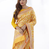 Saffron Yellow Banarasi Silk Saree With Floral Design