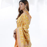 Saffron Yellow Banarasi Silk Saree With Floral Design