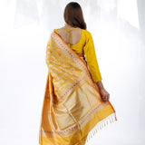 Saffron Yellow Banarasi Silk Saree With Floral Design