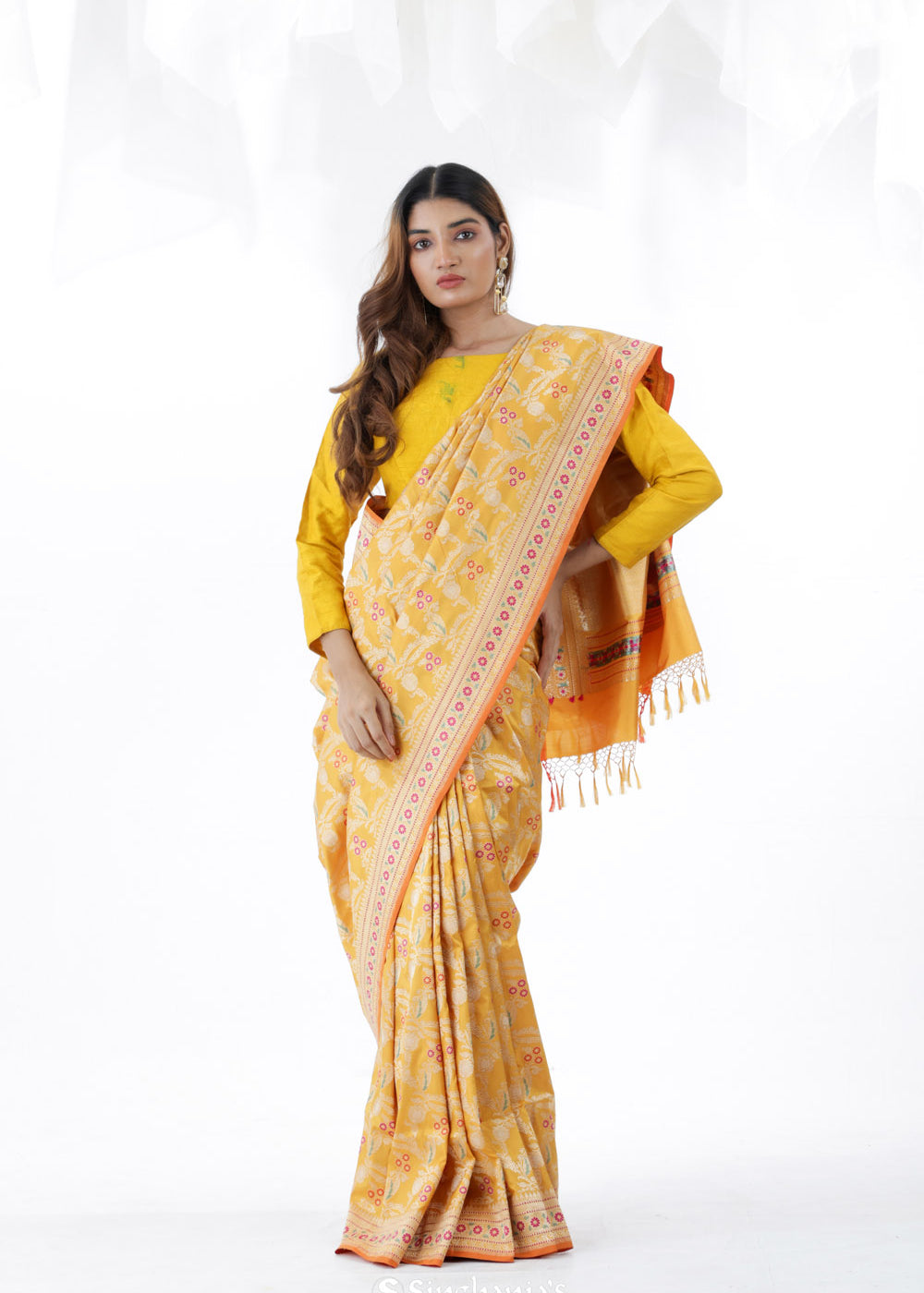 Saffron Yellow Banarasi Silk Saree With Floral Design