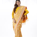Saffron Yellow Banarasi Silk Saree With Floral Design