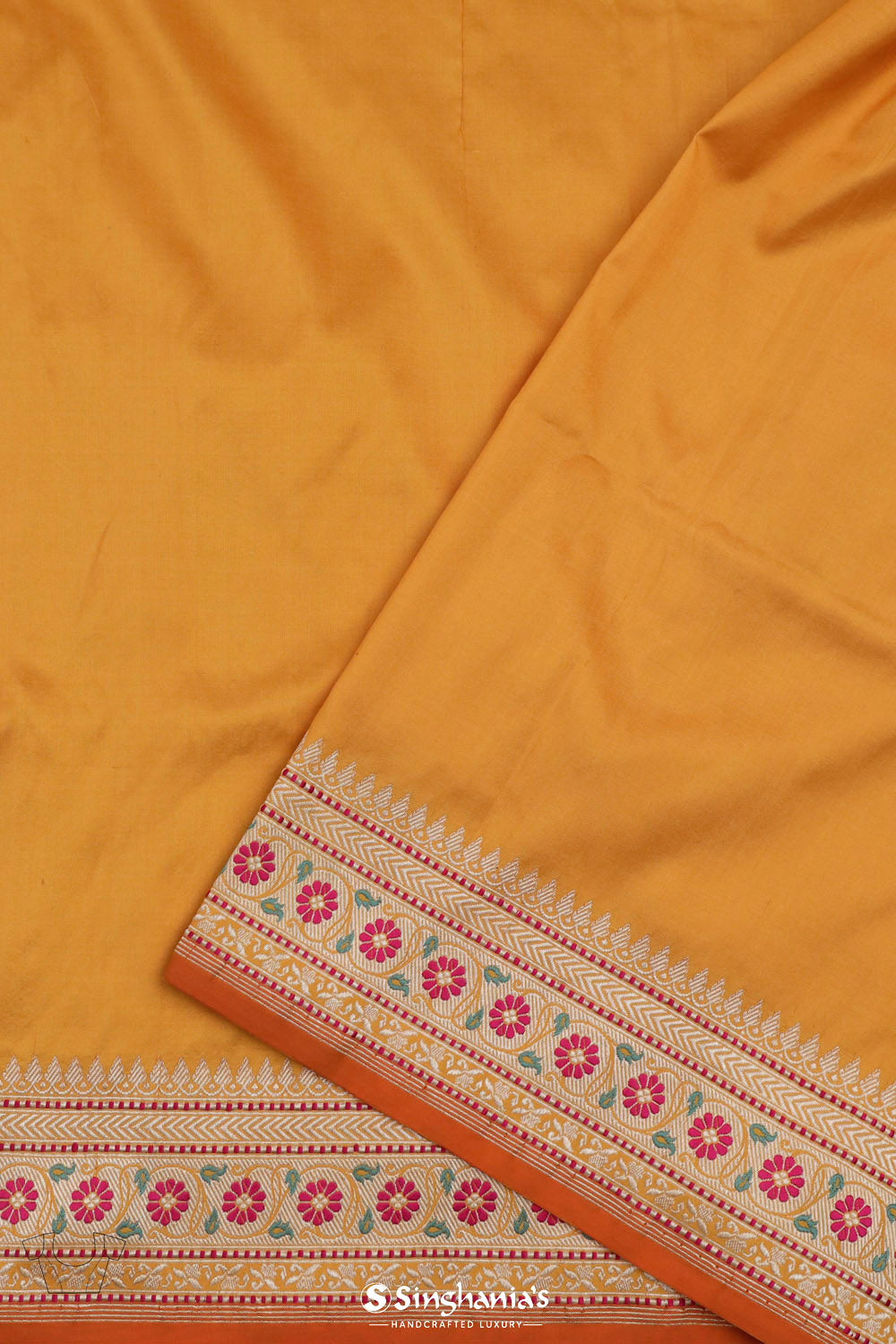 Saffron Yellow Banarasi Silk Saree With Floral Design