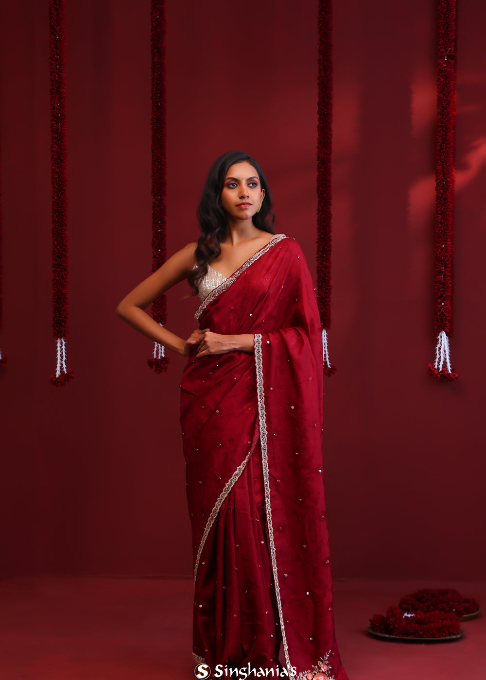 Deep Maroon Silk Saree With Hand Embroidery