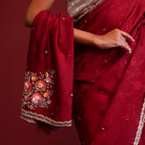 Deep Maroon Silk Saree With Hand Embroidery