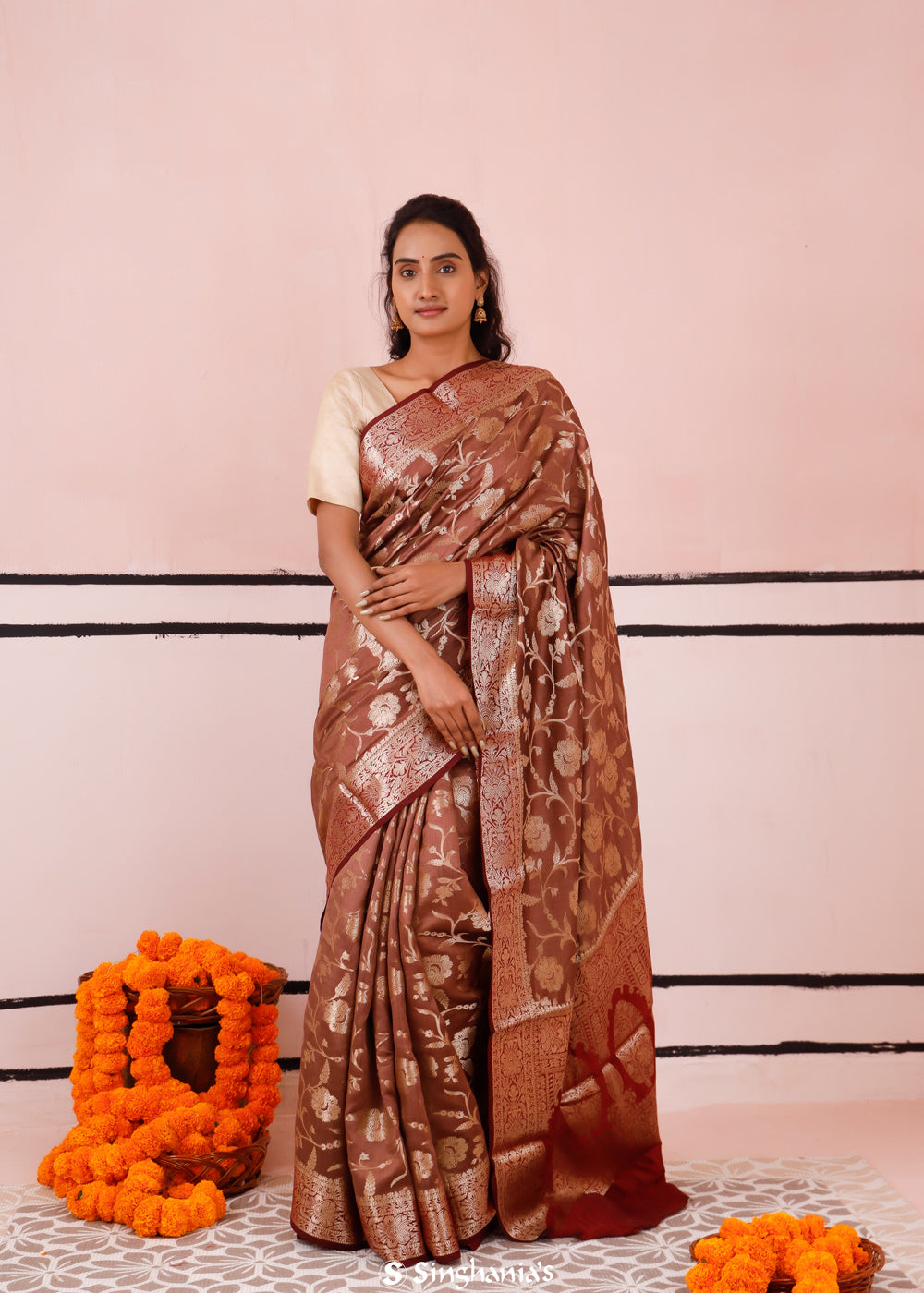 Russet Brown Banarasi Silk Saree With Floral Jaal