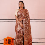 Russet Brown Banarasi Silk Saree With Floral Jaal