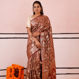 Russet Brown Banarasi Silk Saree With Floral Jaal