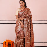Russet Brown Banarasi Silk Saree With Floral Jaal