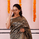 Abbey Black Banarasi Silk Saree With Floral Jaal Design