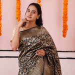 Abbey Black Banarasi Silk Saree With Floral Jaal Design