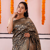 Abbey Black Banarasi Silk Saree With Floral Jaal Design