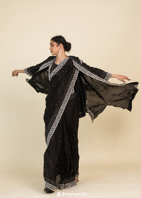 <img> Classic Black Organza Designer Saree With Floral Embroidery