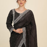 Classic Black Organza Designer Saree With Floral Embroidery