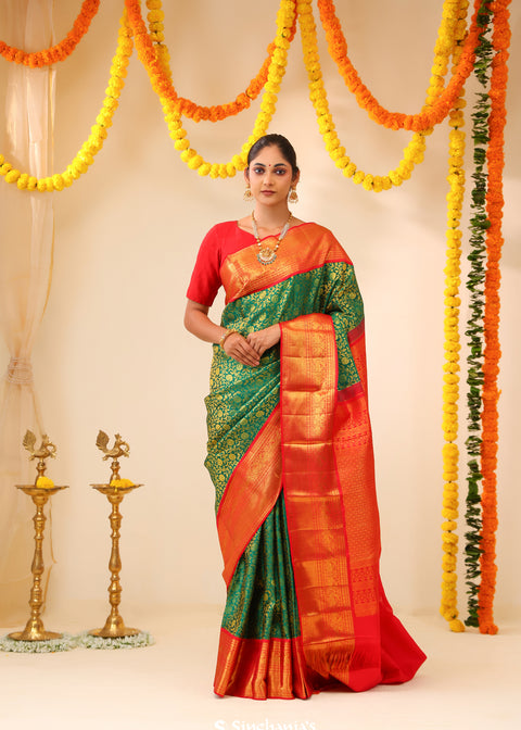 <img> Cadmium Green Kanjivaram Silk Saree With Floral Jaal Design