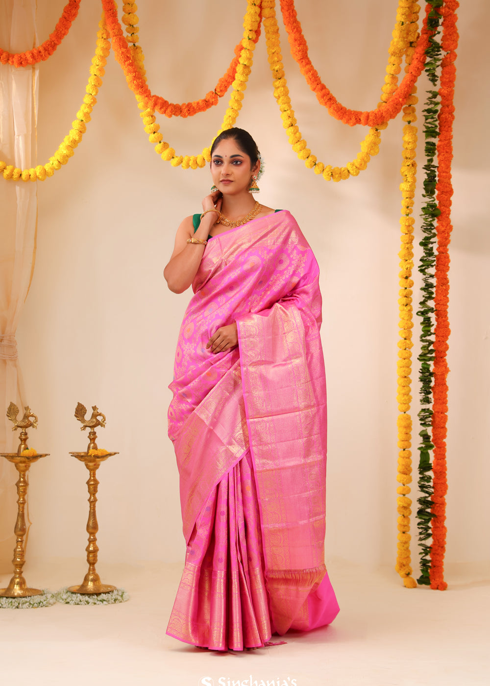 Neon Pink Kanjivaram Silk Saree With Floral Meenakari Weaving
