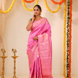 Neon Pink Kanjivaram Silk Saree With Floral Meenakari Weaving