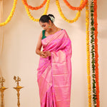Neon Pink Kanjivaram Silk Saree With Floral Meenakari Weaving