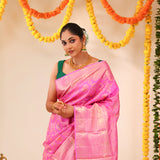 Neon Pink Kanjivaram Silk Saree With Floral Meenakari Weaving