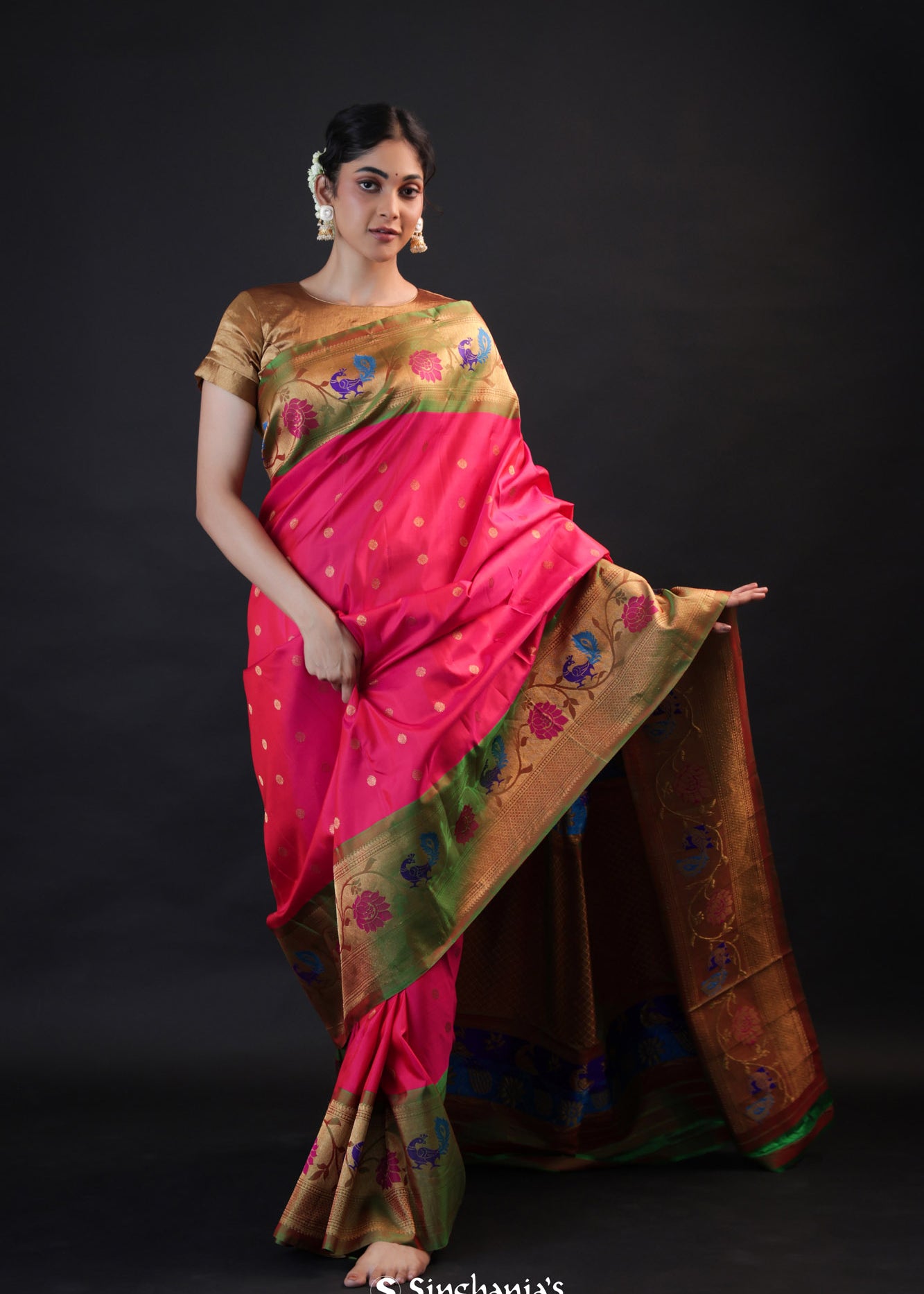 Ruby Pink Gadwal Silk Saree With Meenakari Border