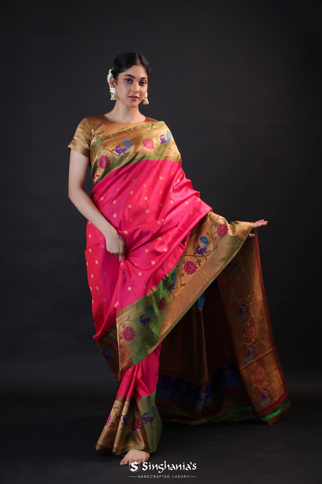 Ruby Pink Gadwal Silk Saree With Meenakari Border