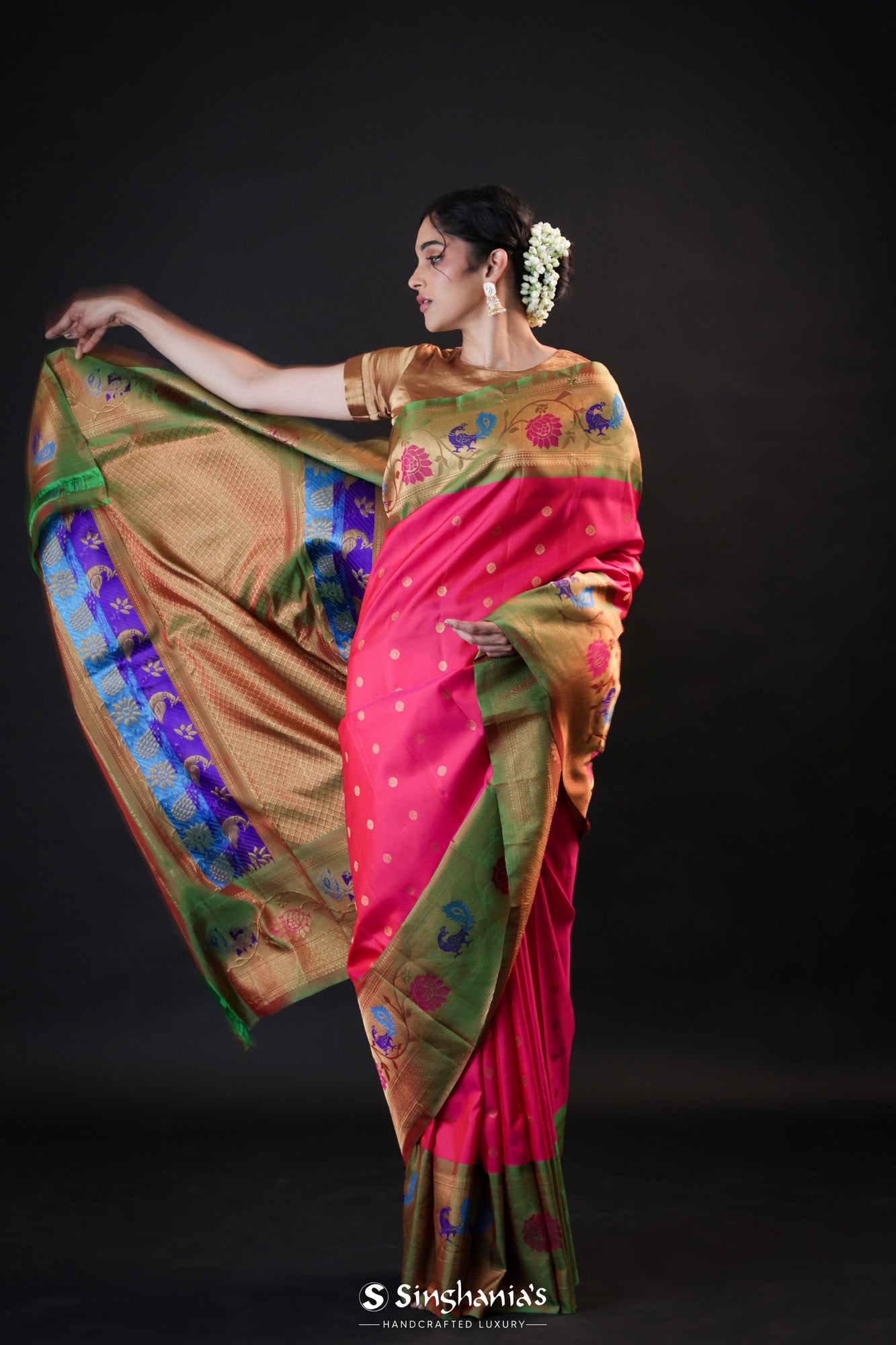 Ruby Pink Gadwal Silk Saree With Meenakari Border