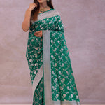 Green Banarasi Silk Saree With Silver Border