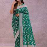Green Banarasi Silk Saree With Silver Border