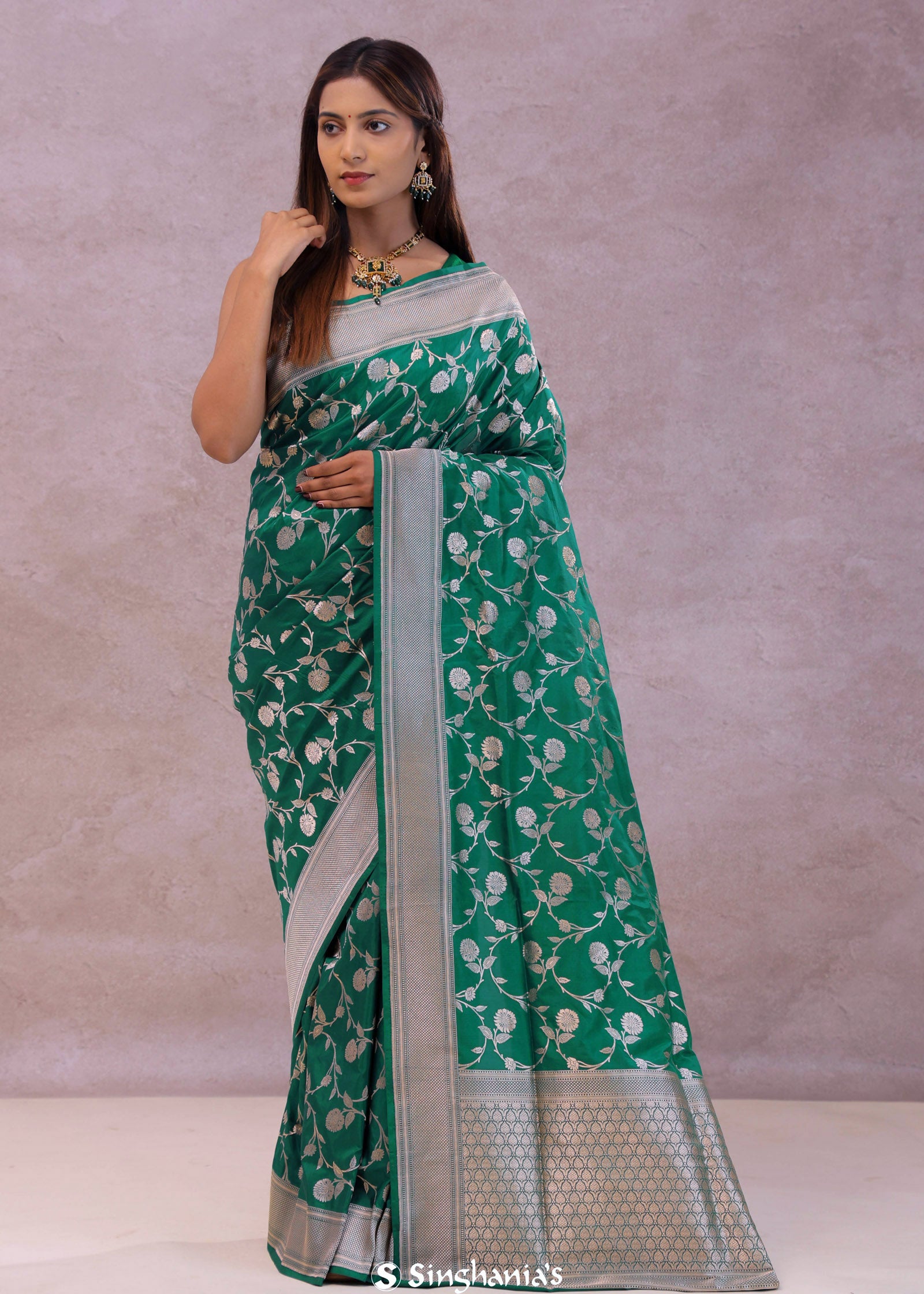Green Banarasi Silk Saree With Silver Border