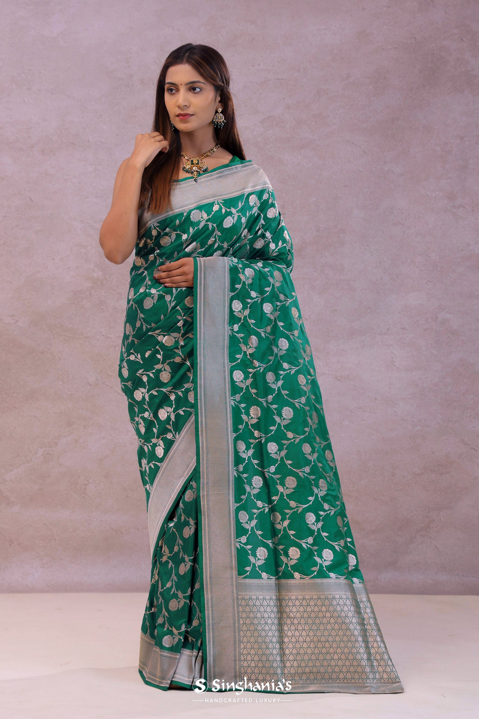 Green Banarasi Silk Saree With Silver Border
