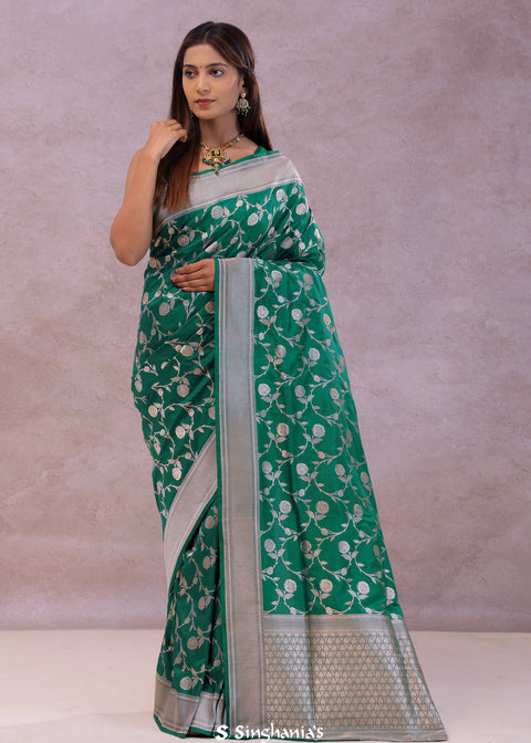 <img> Green Banarasi Silk Saree With Silver Border