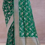 Green Banarasi Silk Saree With Silver Border