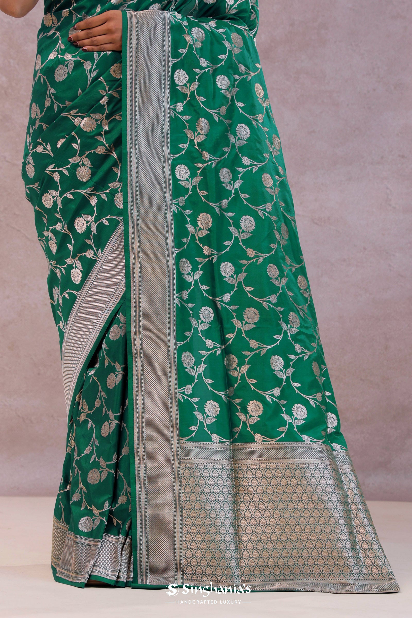 Green Banarasi Silk Saree With Silver Border