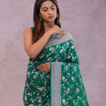 Green Banarasi Silk Saree With Silver Border
