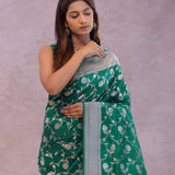 Green Banarasi Silk Saree With Silver Border