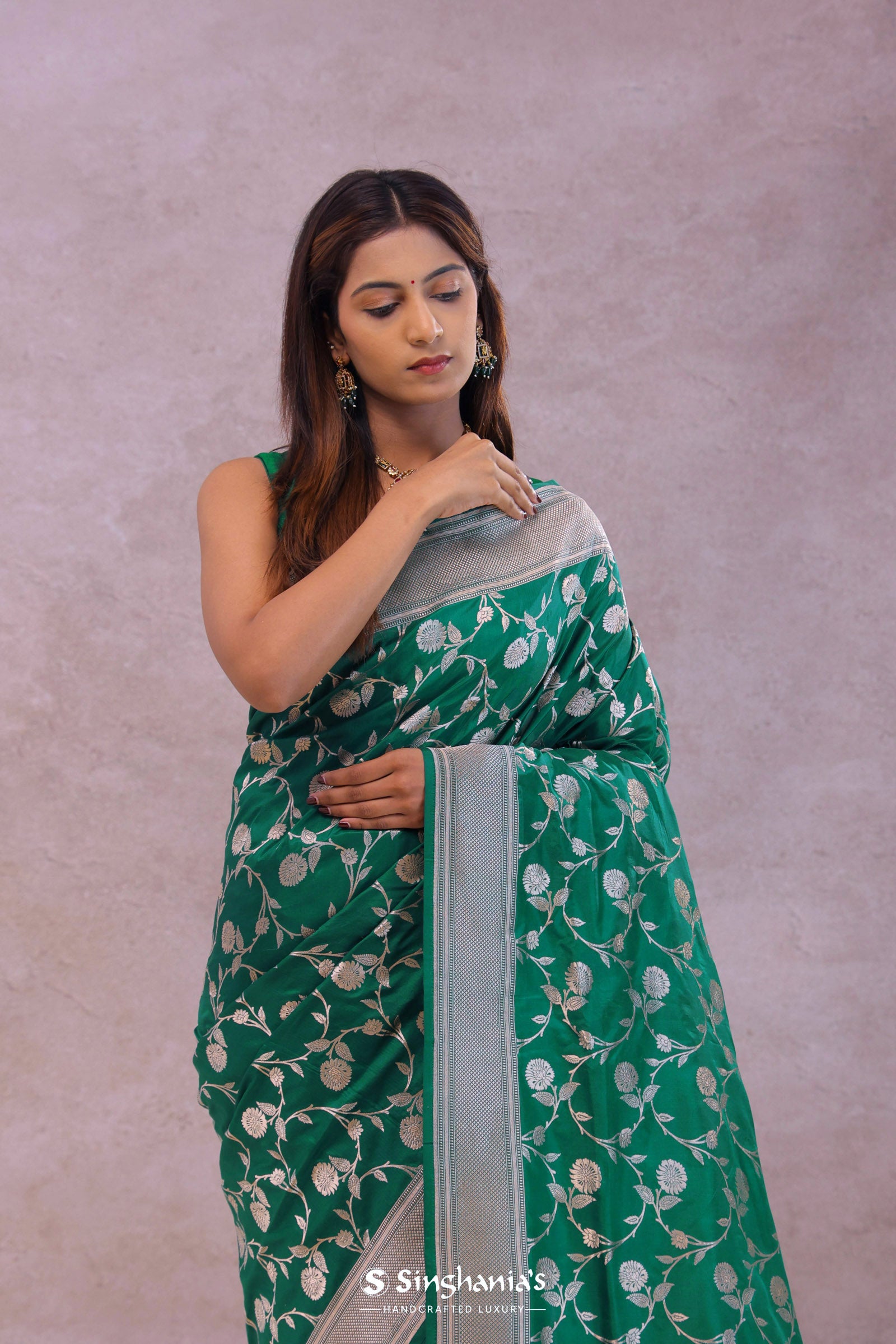 Green Banarasi Silk Saree With Silver Border