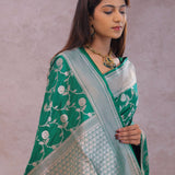Green Banarasi Silk Saree With Silver Border