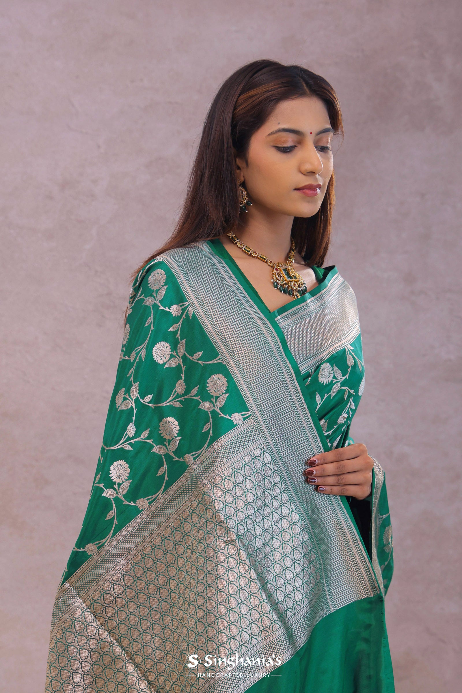 Green Banarasi Silk Saree With Silver Border