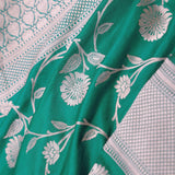 Green Banarasi Silk Saree With Silver Border