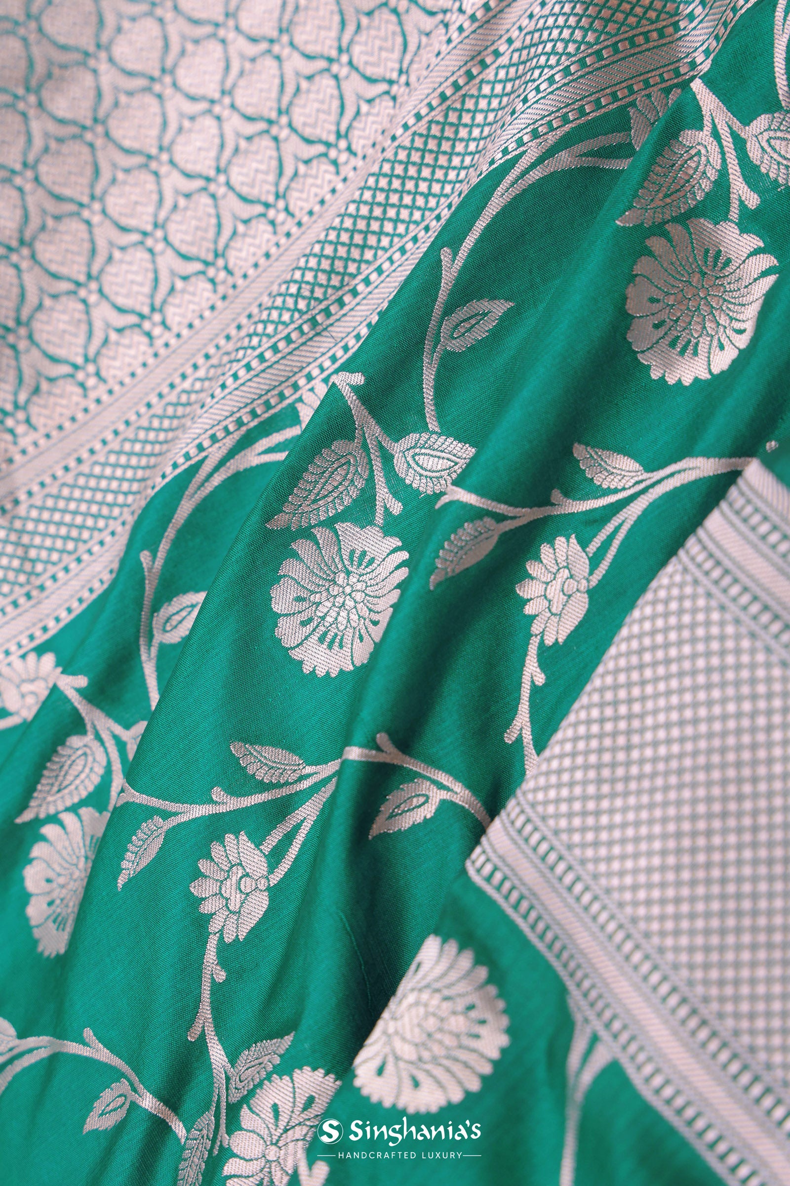 Green Banarasi Silk Saree With Silver Border