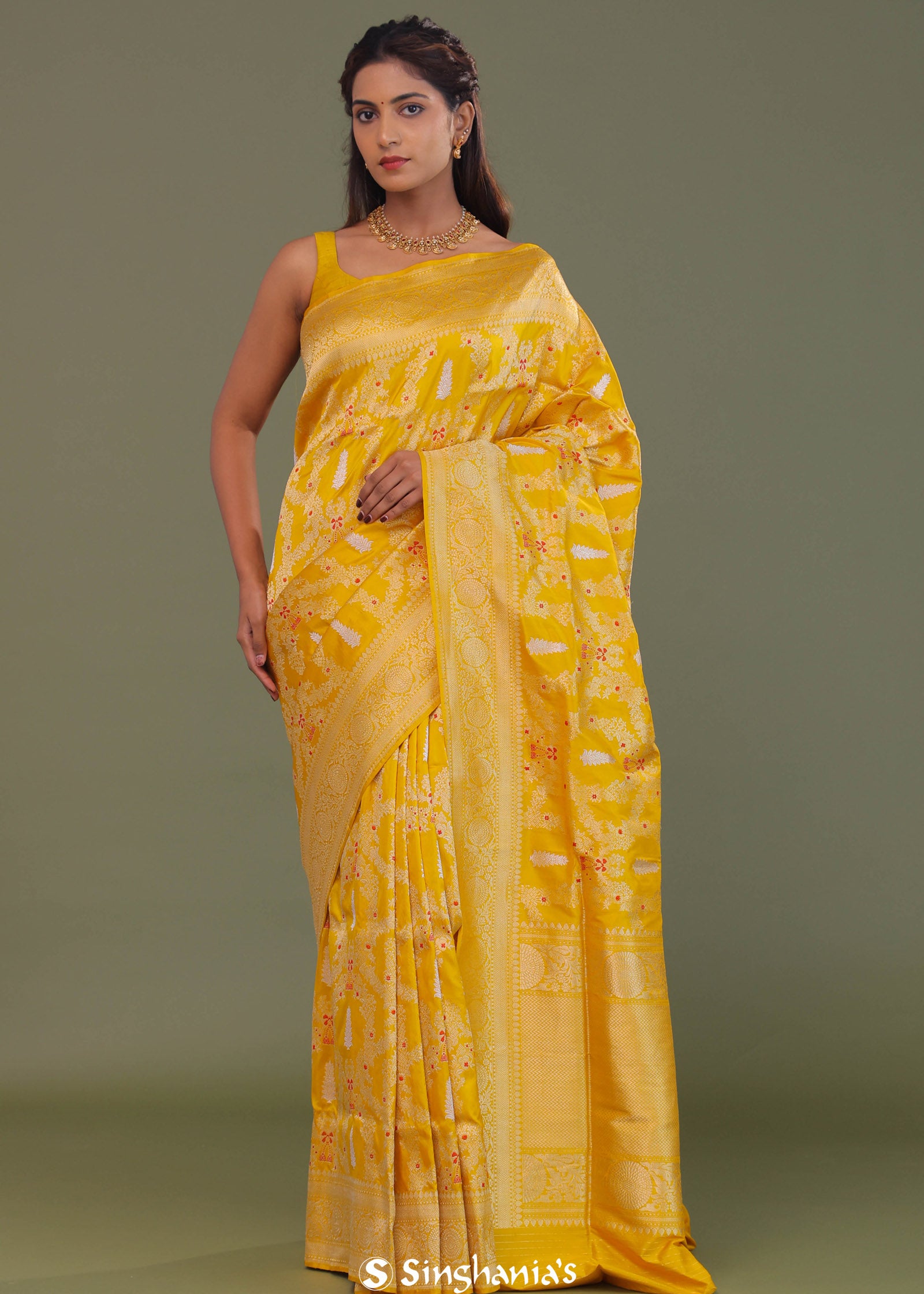 Vibrant Yellow Banarasi Saree With Gold And Silver Zari Border