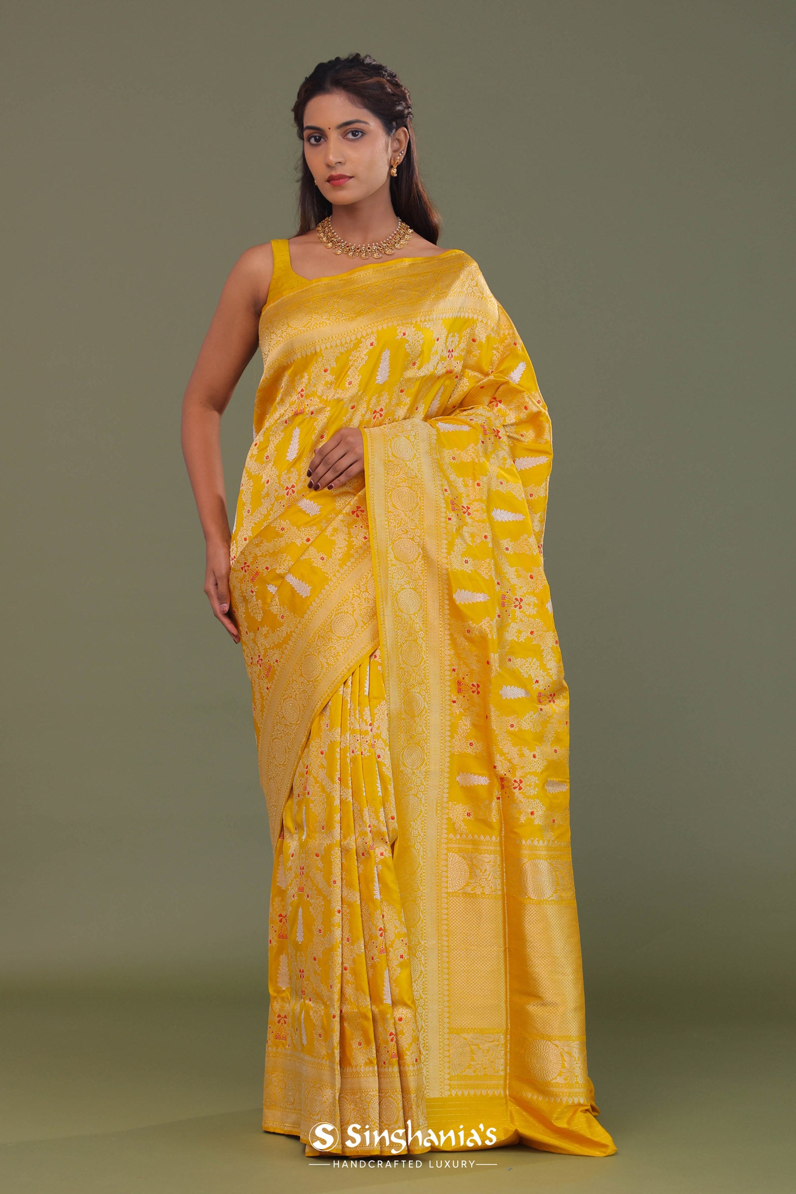 Vibrant Yellow Banarasi Saree With Gold And Silver Zari Border