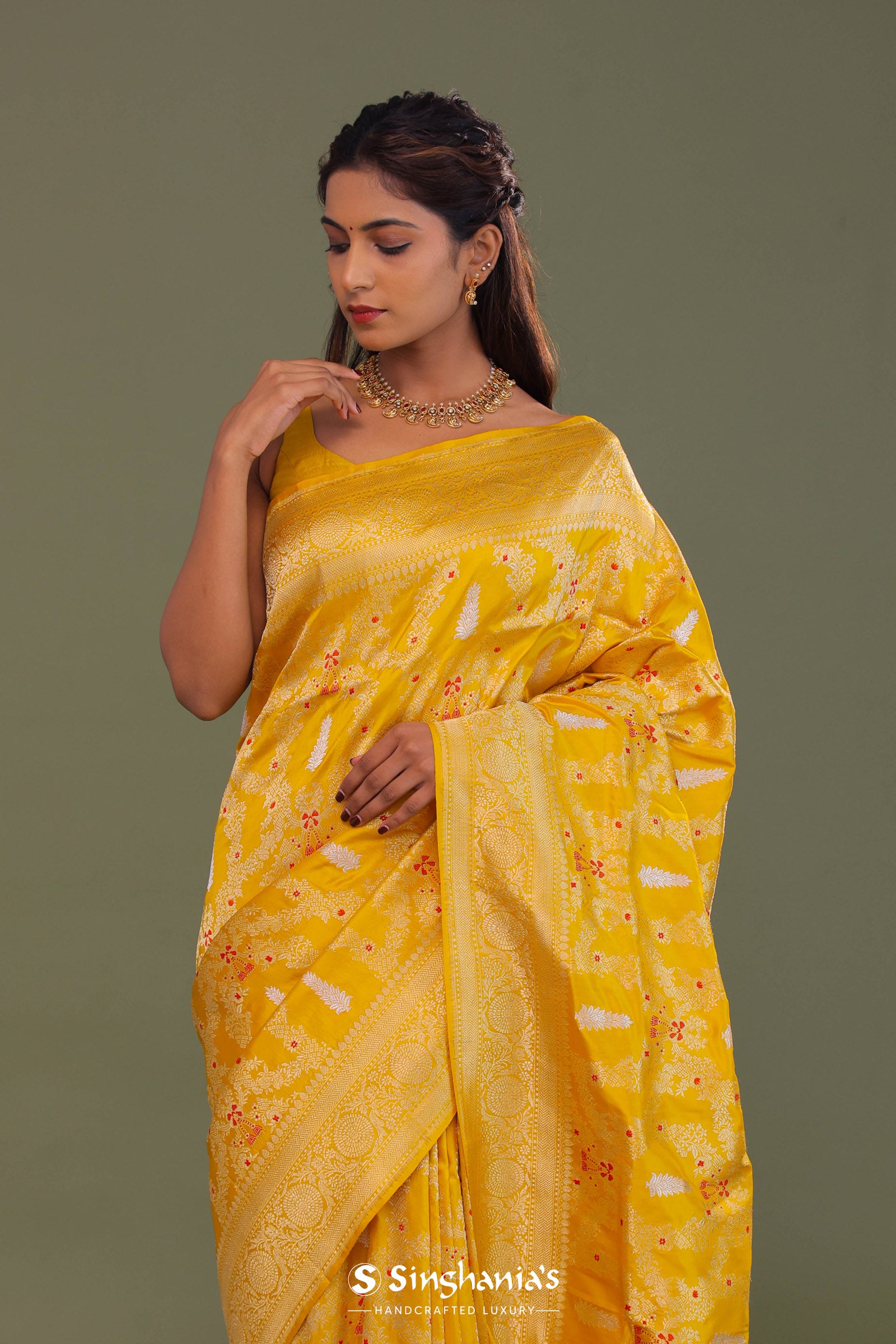 Vibrant Yellow Banarasi Saree With Gold And Silver Zari Border