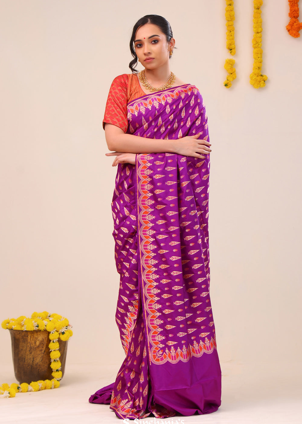 Deep Magenta Flora Banarasi Silk Saree