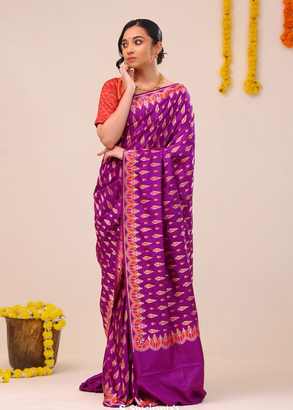 Deep Magenta Flora Banarasi Silk Saree