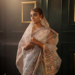 Steel Blue-Grey Organza Designer Saree With Floral Embroidery