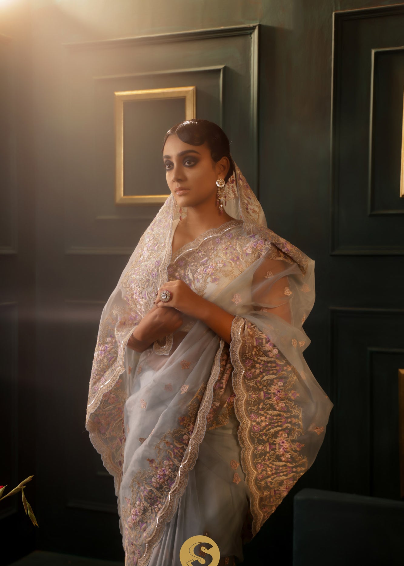 Steel Blue-Grey Organza Designer Saree With Floral Embroidery