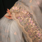 Steel Blue-Grey Organza Designer Saree With Floral Embroidery