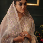 Steel Blue-Grey Organza Designer Saree With Floral Embroidery