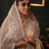 Steel Blue-Grey Organza Designer Saree With Floral Embroidery