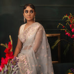 Steel Blue-Grey Organza Designer Saree With Floral Embroidery